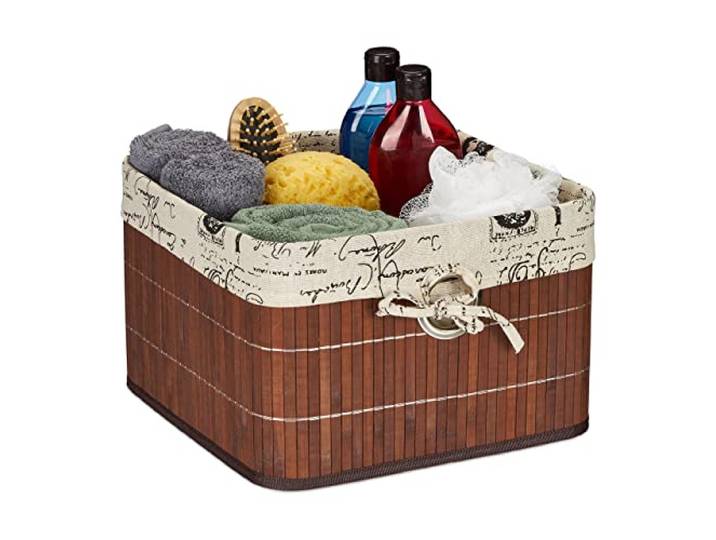 Relaxdays Panier de Rangement\, Bambou et Polyester\, HLP : 20x31x31 cm\, Corbeille poignée\, boîte d’étagère\, Marron-crème