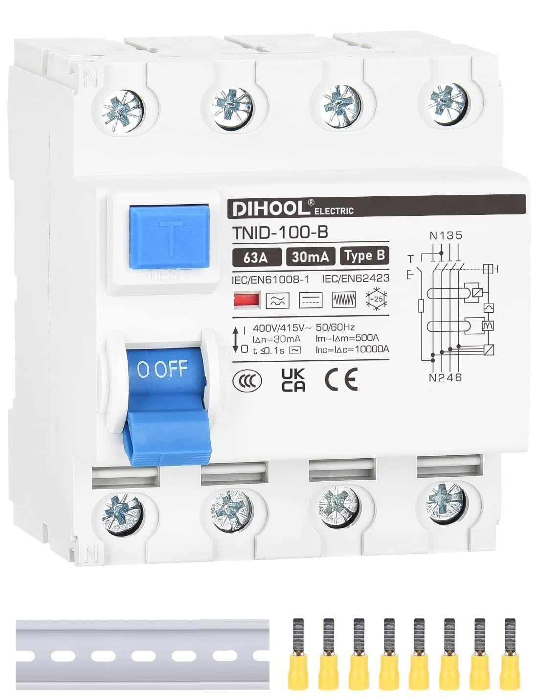 Lustrens RCD Type B Reststroomschakelaar DIN Rail 4-polig 63A 30mA