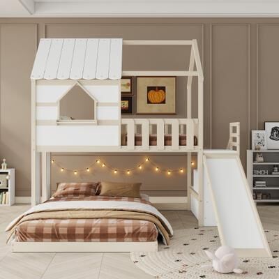 GREATPLANINC Twin over Full Size House Bunk Bed with Slide Storage Staircase Guardrails