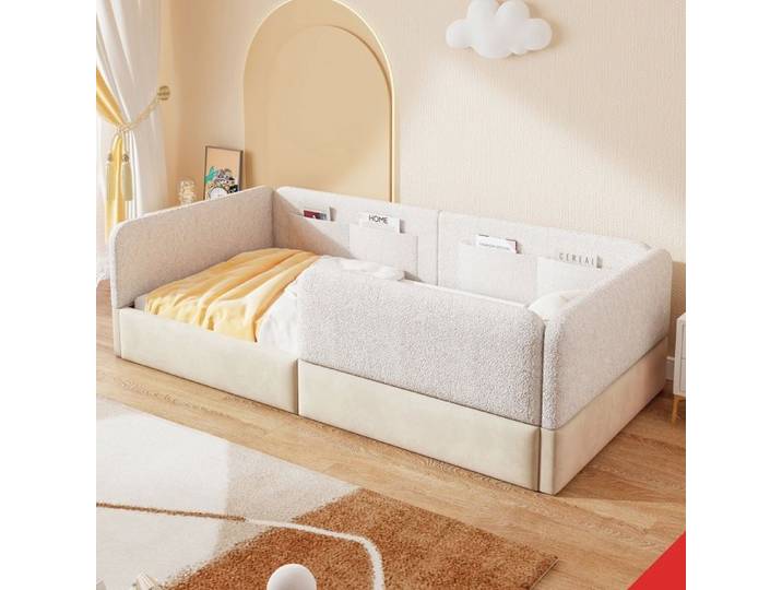 Lit plateforme rembourré 90x200 blanc avec barrière de protection et rangement