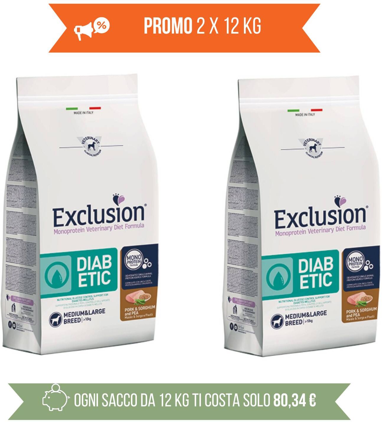 Exclusion PROMO 2 x 12 Kg Diet Diabetic Medium Large Maiale & Sorgo Monoproteico per Cani (€ 80,34 A SACCO)