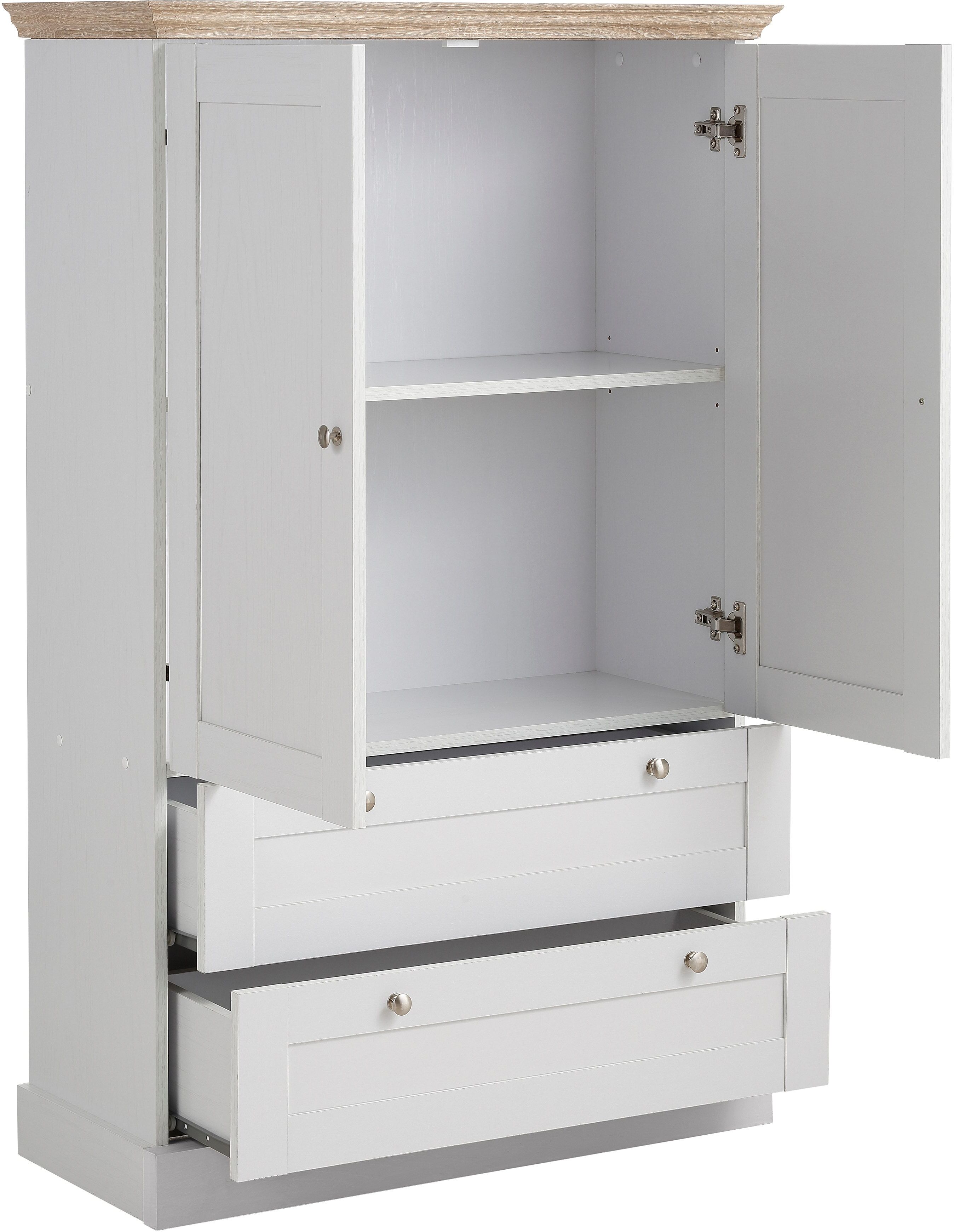 Kleiderschrank OTTO HOME "Binz, Wäscheschrank, Mehrzweckschrank, skandinavischer Landhausstil", weiß (weiß, eichefarben), B:84cm H:130cm T:35cm, FSC-zertifizierter Holzwerkstoff, MDF, Schränke, Kleiderschrank, viele Stauraummöglichkeiten, Metallgriffe, Tü