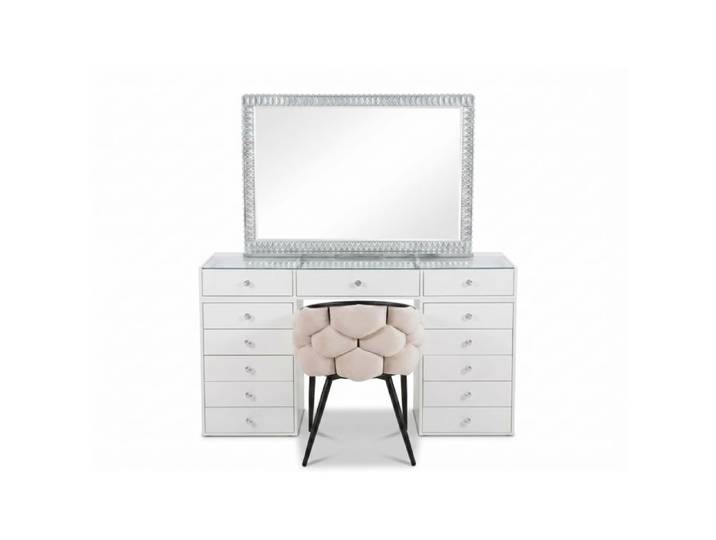 Coiffeuse Homeluxury avec miroir - Blanche Vitrée 150cm avec 13 tiroirs