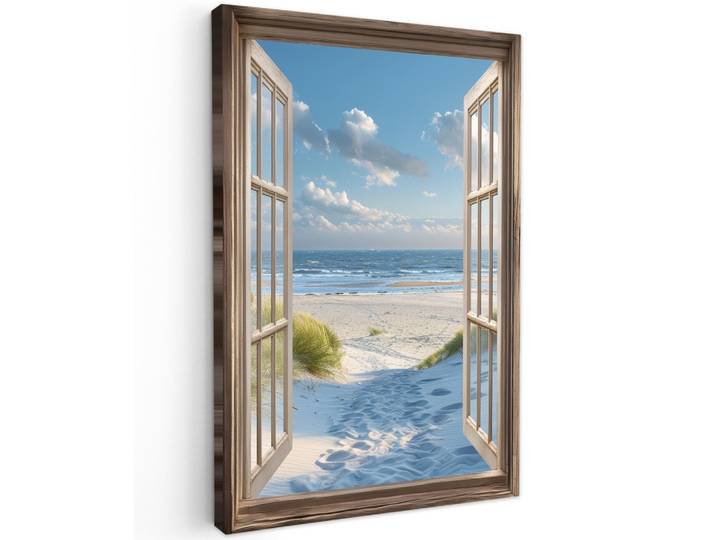 LEINWANDBILD Aussicht - Strand - Fenster - Dünen - Meer Wanddeko 40x60 cm