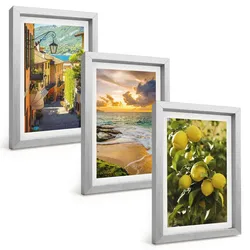BILDER SET 3er Set - 20x30 cm Silberner Rahmen - Straßen, Meer, Strand, Zitrusbäume