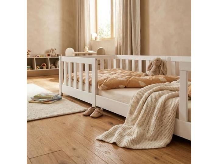 ecomi® Kinderbett 90x200 Bodenbett Kinder Bett mit Rausfallschutz und Lattenrost für Kinder Kinderbetten für Mädchen und Jungen Massivholz Kiefer in Weiß