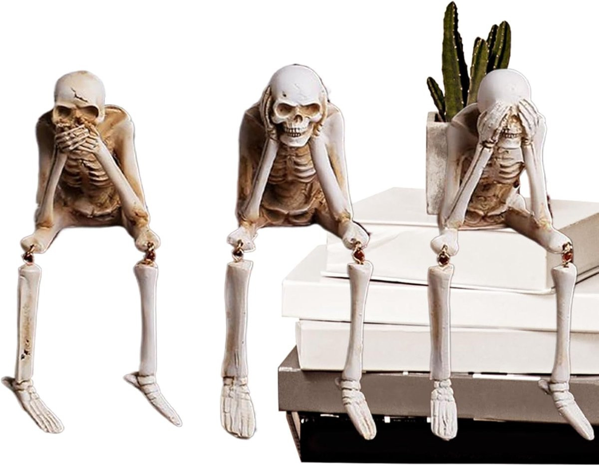 Set van 3 realistische handgesneden skelet figuren voor Halloween decoratie