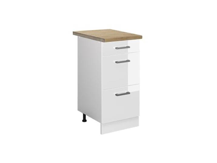 Vicco Küchenunterschrank R-Line, Weiß Hochglanz, 40 cm 3 Schubladen · Arbeitsplatte Eiche · Höhenverst. Füße · Leichter Zugriff · Frei kombinierbar