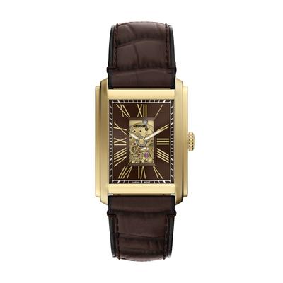Automatikuhr FOSSIL "Carraway", braun (braun, braun), Armbanduhren, Herren, gelbgoldfarben, Automatikuhr, Armbanduhr, Mechanische Uhr, Lederarmband, analog