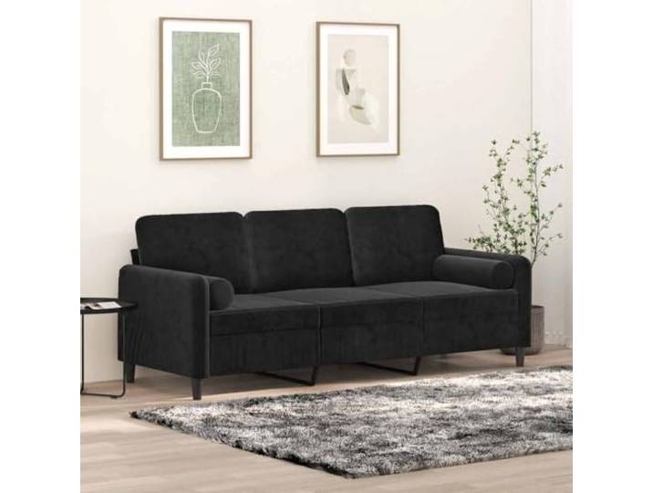 HEFZGDB 3-Sitzer-Sofa mit Zierkissen 180 cm Samt Schwarz Modernes Design Metallgestell Abnehmbare Bezüge Weicher Veloursstoff Robuste Stabilität Bequeme Polsterung Wohnzimmer Möbel