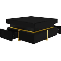 Couchtisch 70x70x35 mit Hochglanz-Oberfläche und goldenen Akzenten – Zwei Schubladen für Stauraum, elegantes Design, hochwertige Materialien