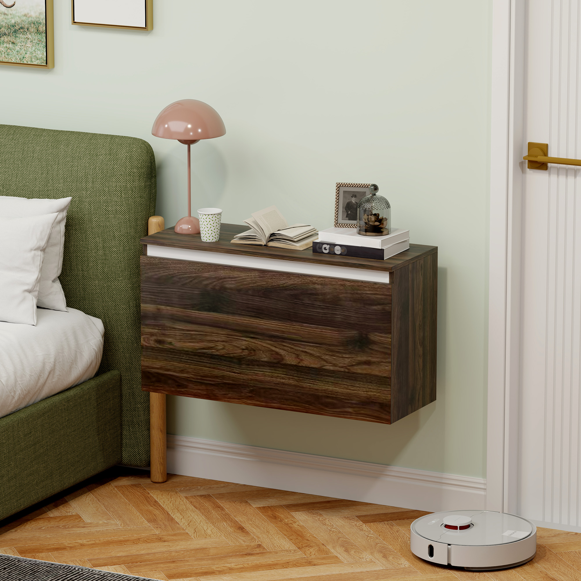 Homcom Comodino Sospeso con Cassetto Senza Maniglie e con Fissaggio a Parete, 80x30x45cm, Noce