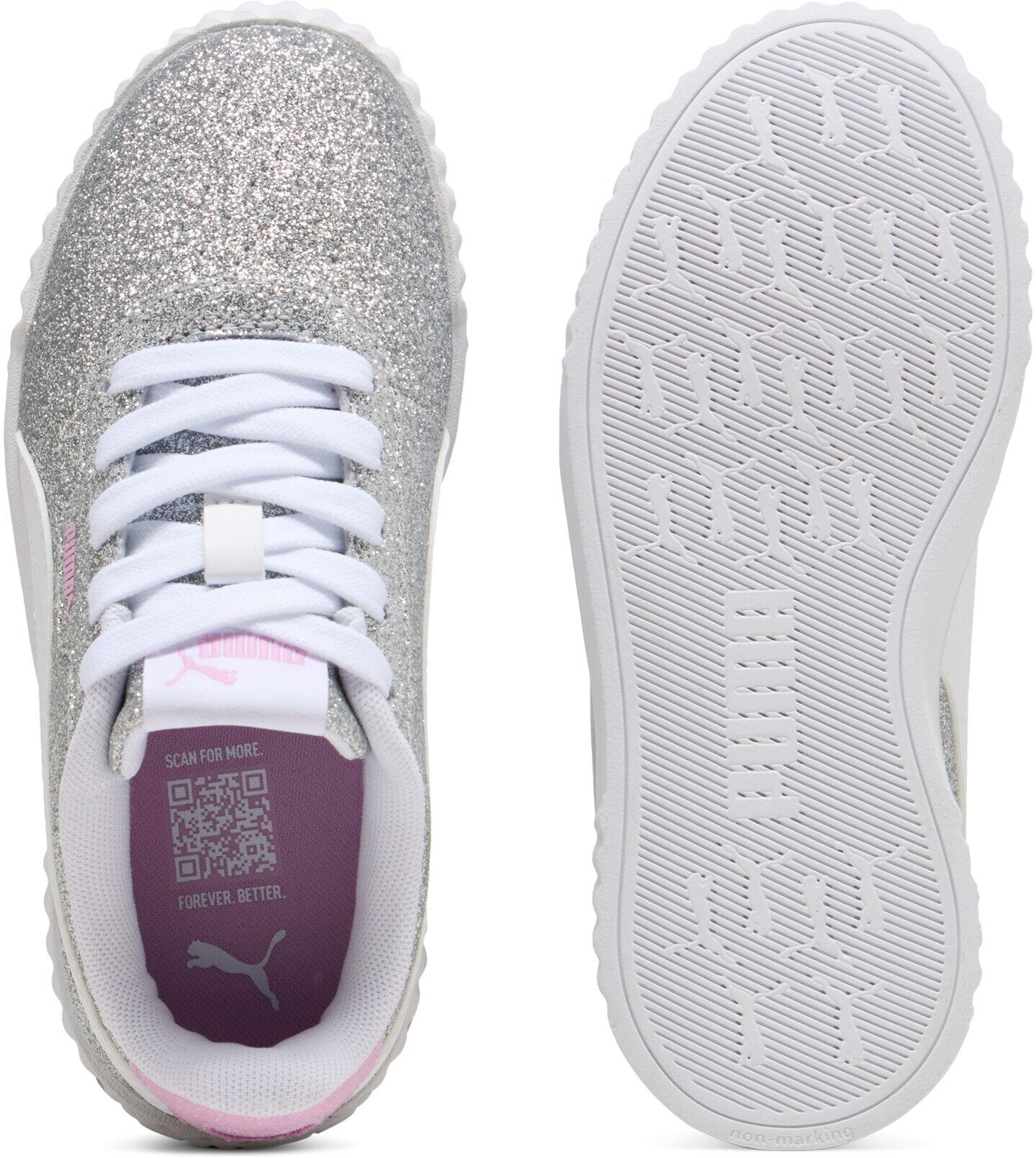 Sneaker PUMA "CARINA 30 GLITZ PS", Mädchen, Gr. 33, Textil, silber (puma silber, puma weiß), Schuhe Sneaker
