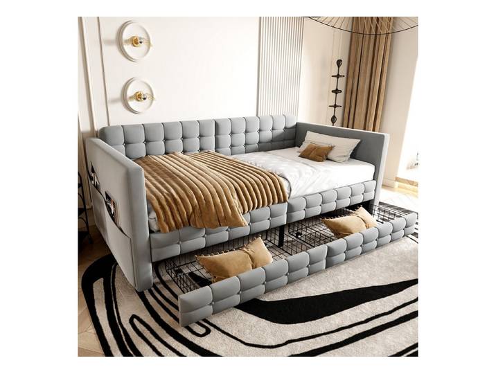 Celya Polsterbett Schlafsofa, klassisches Design, Stofftaschen an den Bettseiten (ohne Matratze, Zwei Schubladen unter dem Bett)