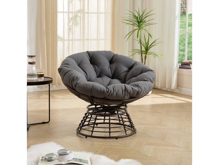 Fauteuil de jardin - SOGEU - Papasan 360° - Rotin PE - Coussin épais gris - Cadre métal brun