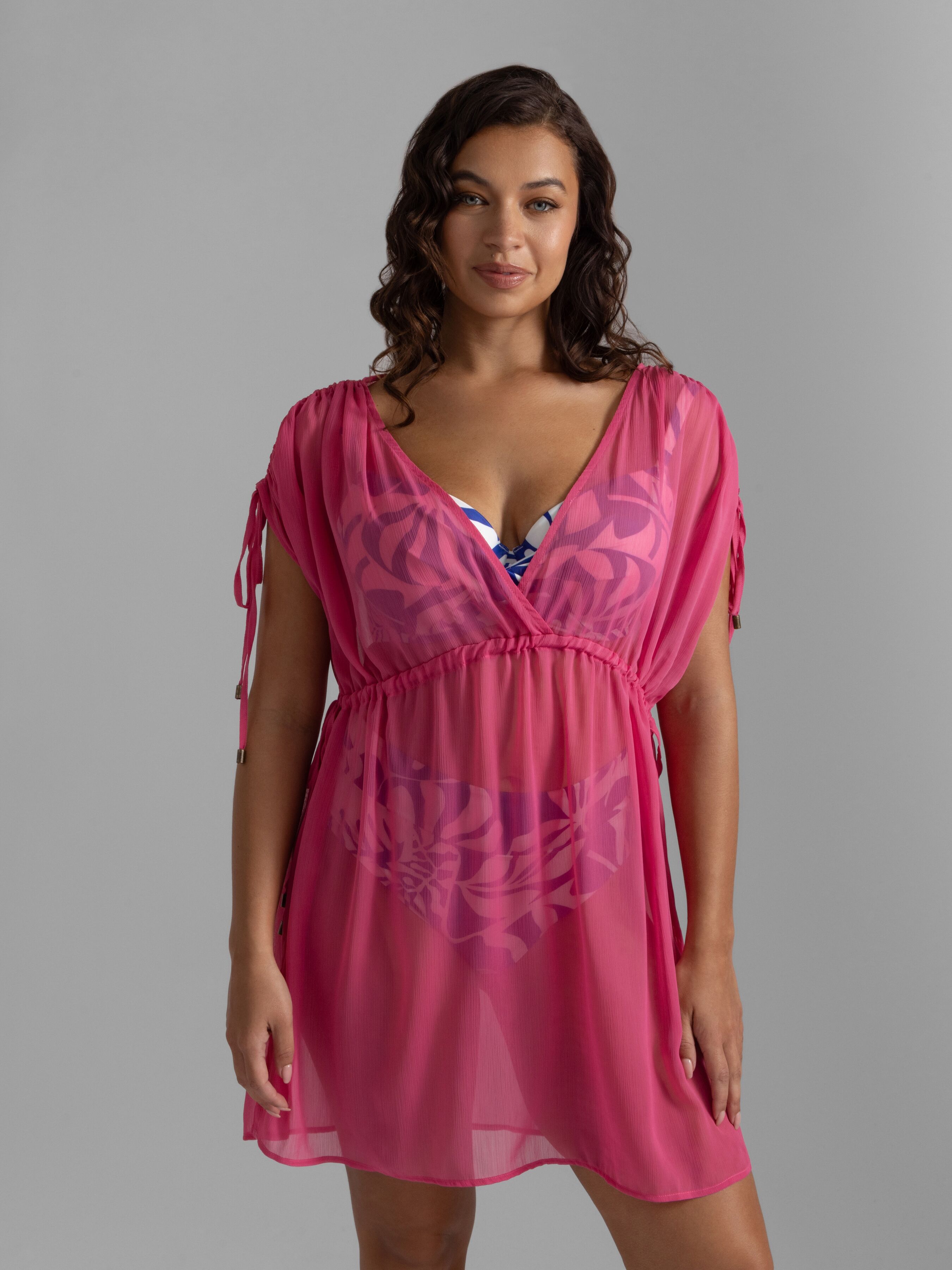 Kaftan DORINA "Sabrina", Damen, Gr. S, pink, Chiffon, Obermaterial: 100% Viskose, weit kniefrei, tiefer V-Ausschnitt, verstellbar, Blusen Kaftan, tiefer V-Ausschnitt