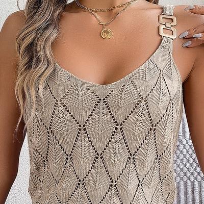Universal Stock Bodycon Knit Off Shoulder Hollow Tank Top For Women khaki l