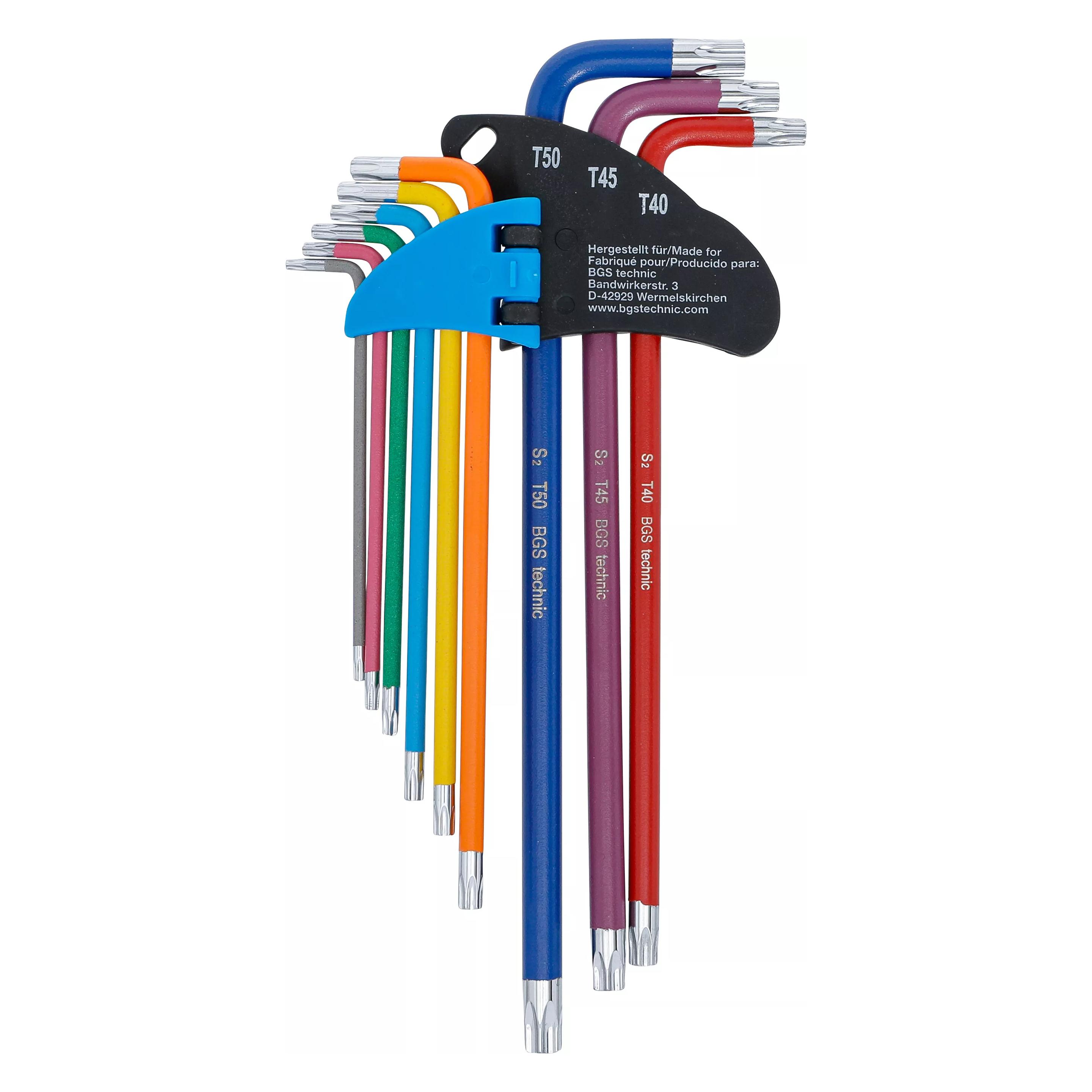 BGS Winkelschlüssel-Satz | Multicolour | extra lang | T-Profil (für Torx) T10 - T50 | 9-tlg. (T-profil) (74459)