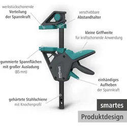 wolfcraft, Schraubstock + Zwinge, Zwei Einhand-Klemmen Pro Ergo (450 mm)