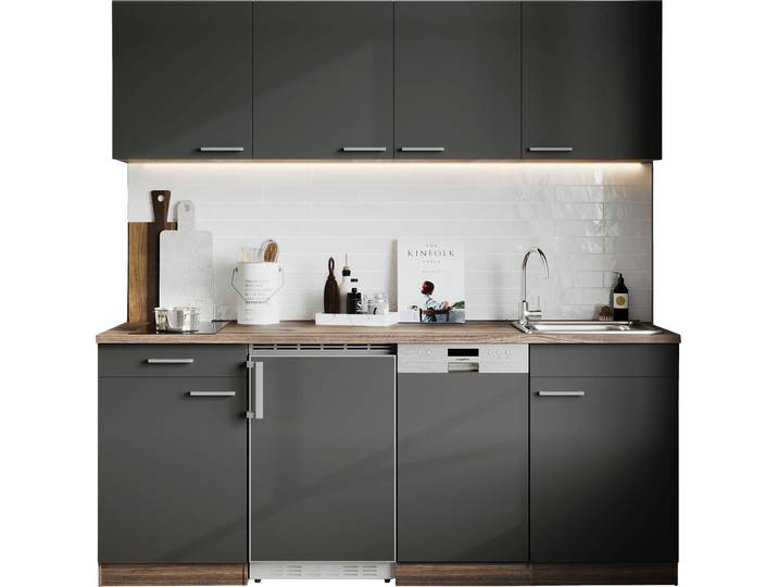 Küche RESPEKTA Oliver , grau (küche: grau, front: grau, korpus: eiche york nachbildung, arbeitsplatte: eiche york nachbildung), B:195cm H:200cm T:60cm, Komplettküchen-Sets, Breite 195 cm, wechselseitig aufbaubar