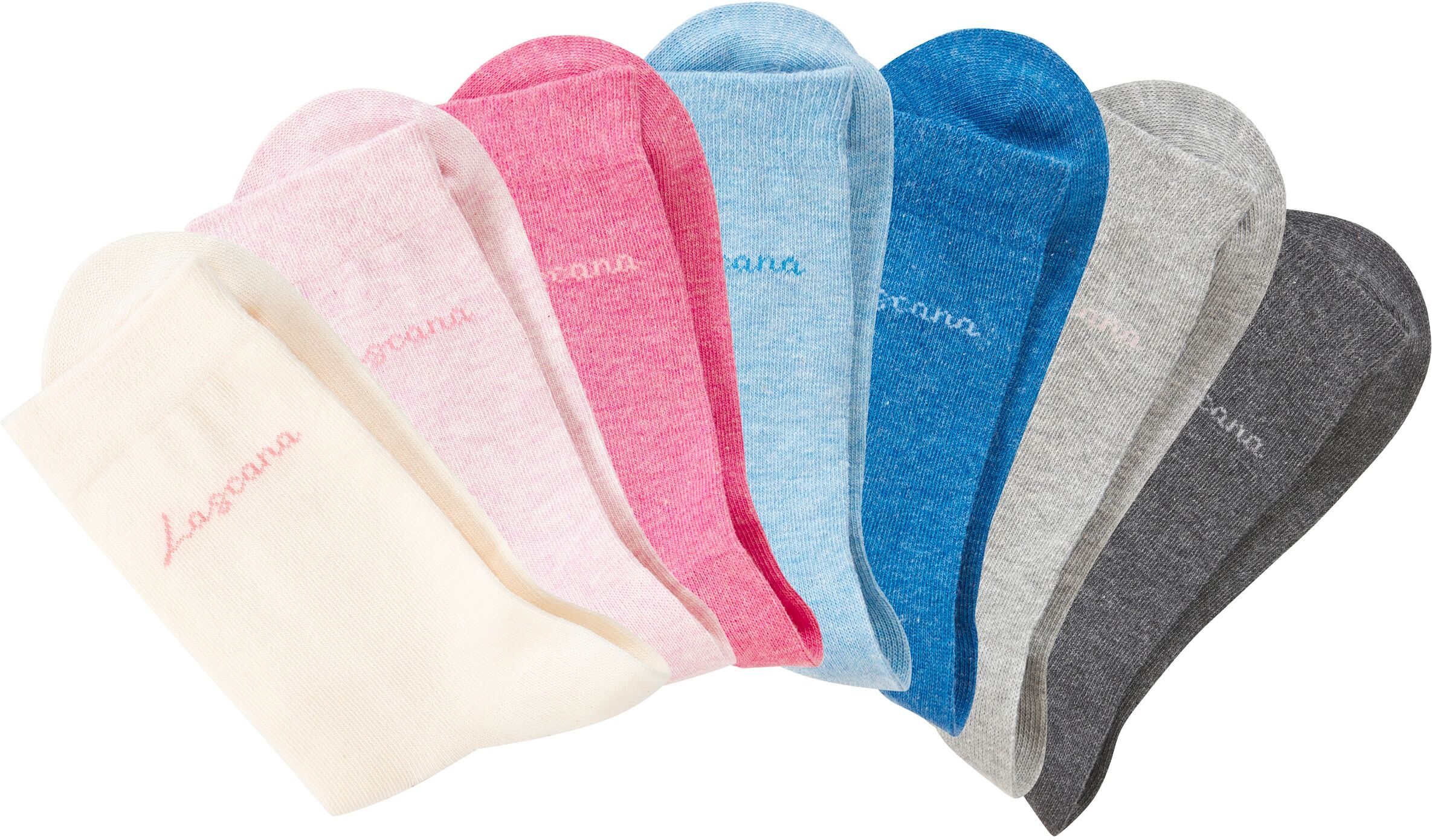 Basicsocken LASCANA "für Damen mit eingestricktem Markenlogo", Damen, Gr. 35-38, bunt (1x jeans, meliert, 1x hellblau, meliert, 1x anthrazit, meliert, 1x grau, meliert, 1x altrosa, meliert, 1x rosa, meliert, 1x ecru), Baumwollmischung, uni und meliert, el