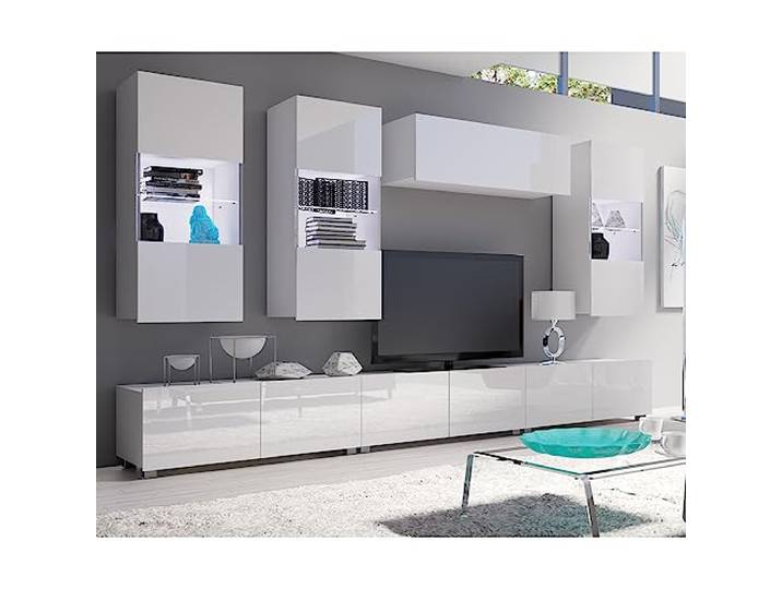 Lomadox Wohnwand Anbauwand weiß Hochglanz 6-teilig Modern, mit 2 TV-Lowboards, 3 Hängevitrinen, 1 Stauraumschrank