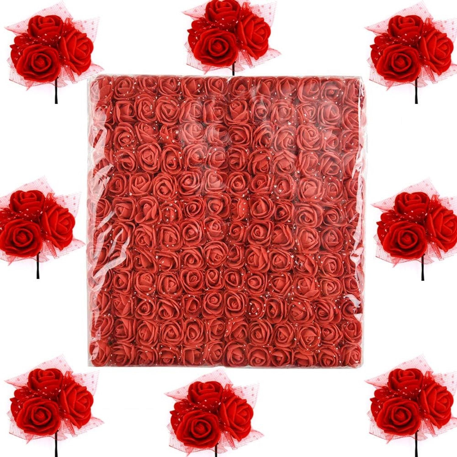 Homevero Foam rozen 288 stuks - Rode kunstbloemen met steel - Realistische miniatuur rozen