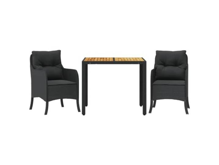 PUGYNBK Garten-Esszimmer Set 3 tlg. mit Kissen synthetischen Rattan schwarz Tisch aus Akazienholz, Stahlkonstruktion, abnehmbare und waschbare Bezüge, für Terrasse