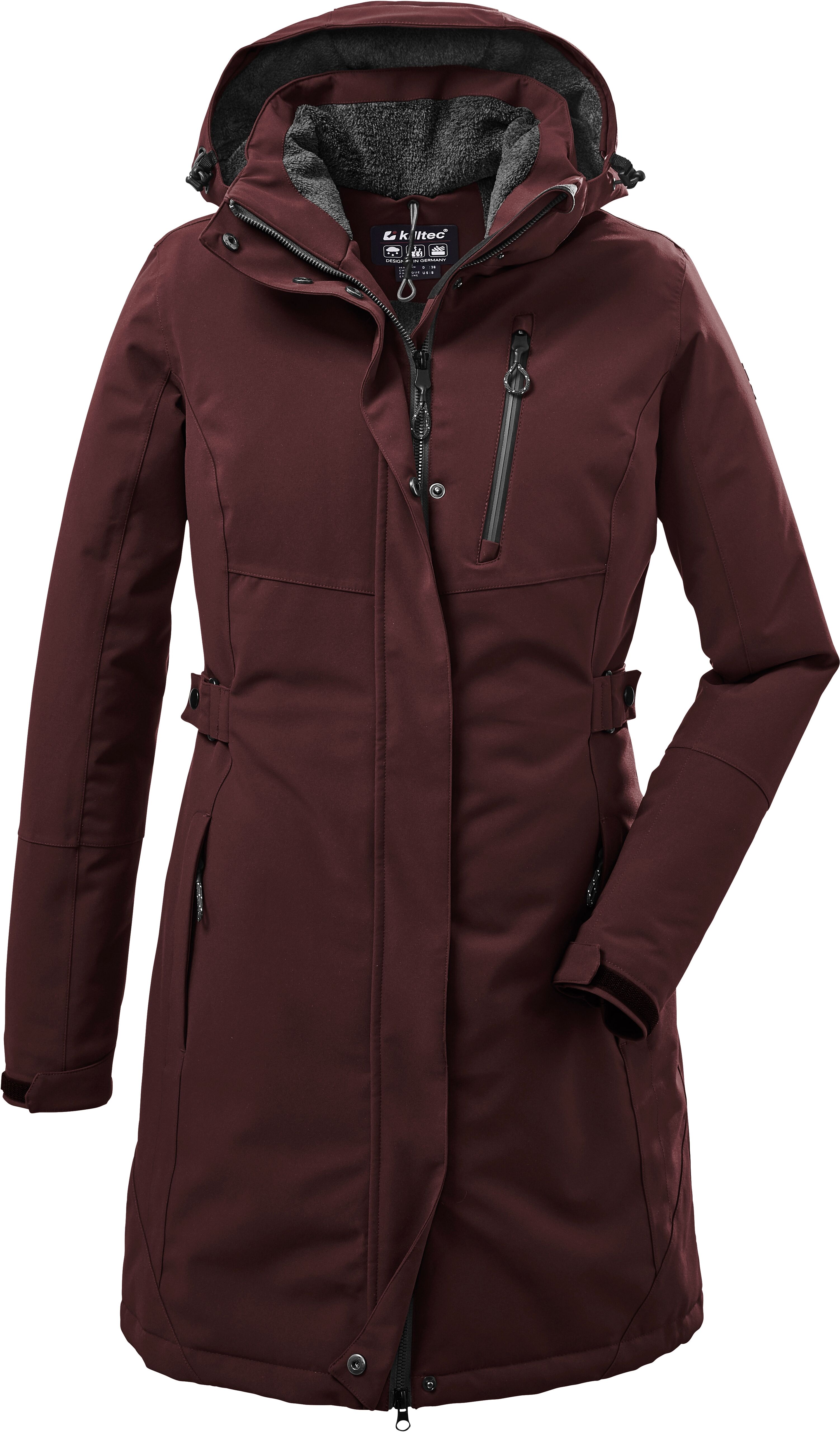 Funktionsmantel KILLTEC "KOW 165 WMN PRK", Damen, Gr. 48, rot (dunkelweinrot), Obermaterial: 100% Polyester, Mäntel Funktionsmantel, längeres Design, mit Eingrifftaschen und Brusttasche, aus Polyester