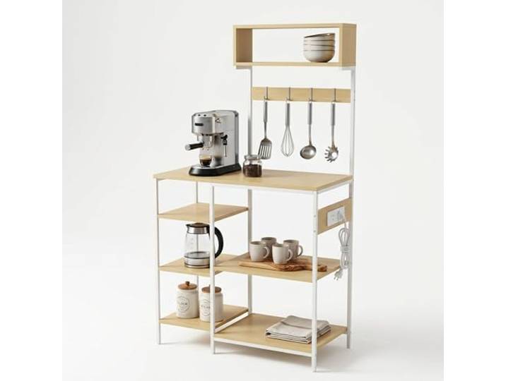 Relaxdays Küchenregal mit Steckdose & USB, HBT: 151x82x40 cm, Mikrowellen-Regal, Standregal, Holzoptik, Metall, Farbe