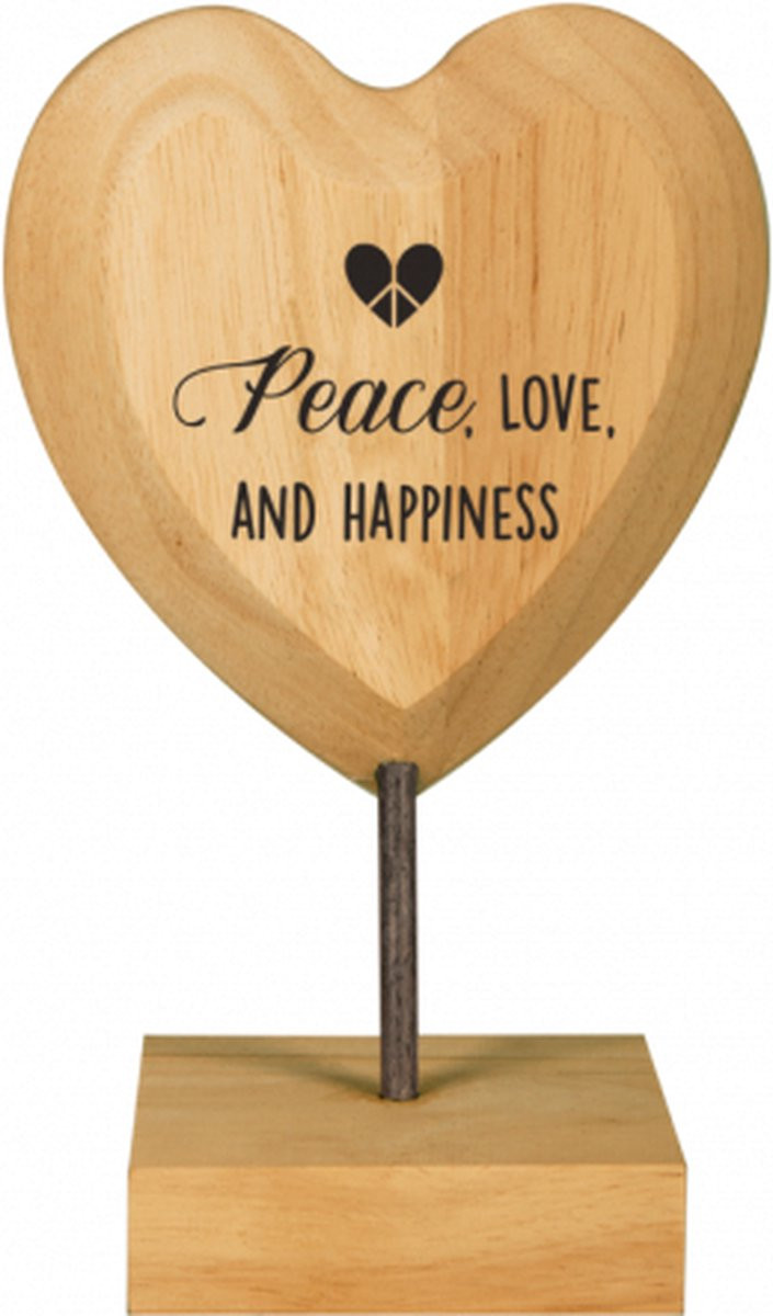 Houten hartjes met de tekst Peace, Love and Happiness