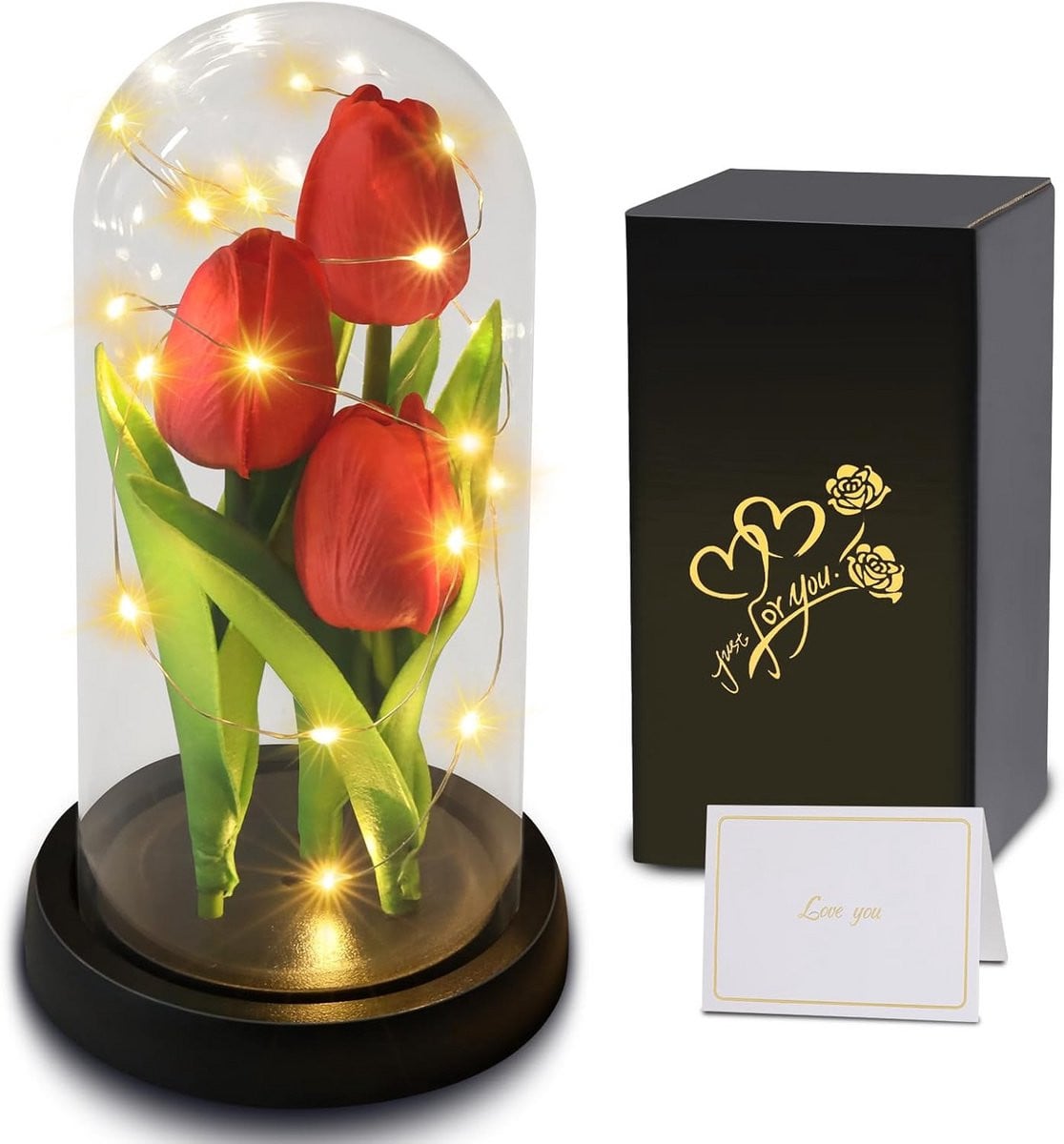 Kunsttulpen boeket met LED-verlichting in glazen stolp voor romantische decoratie