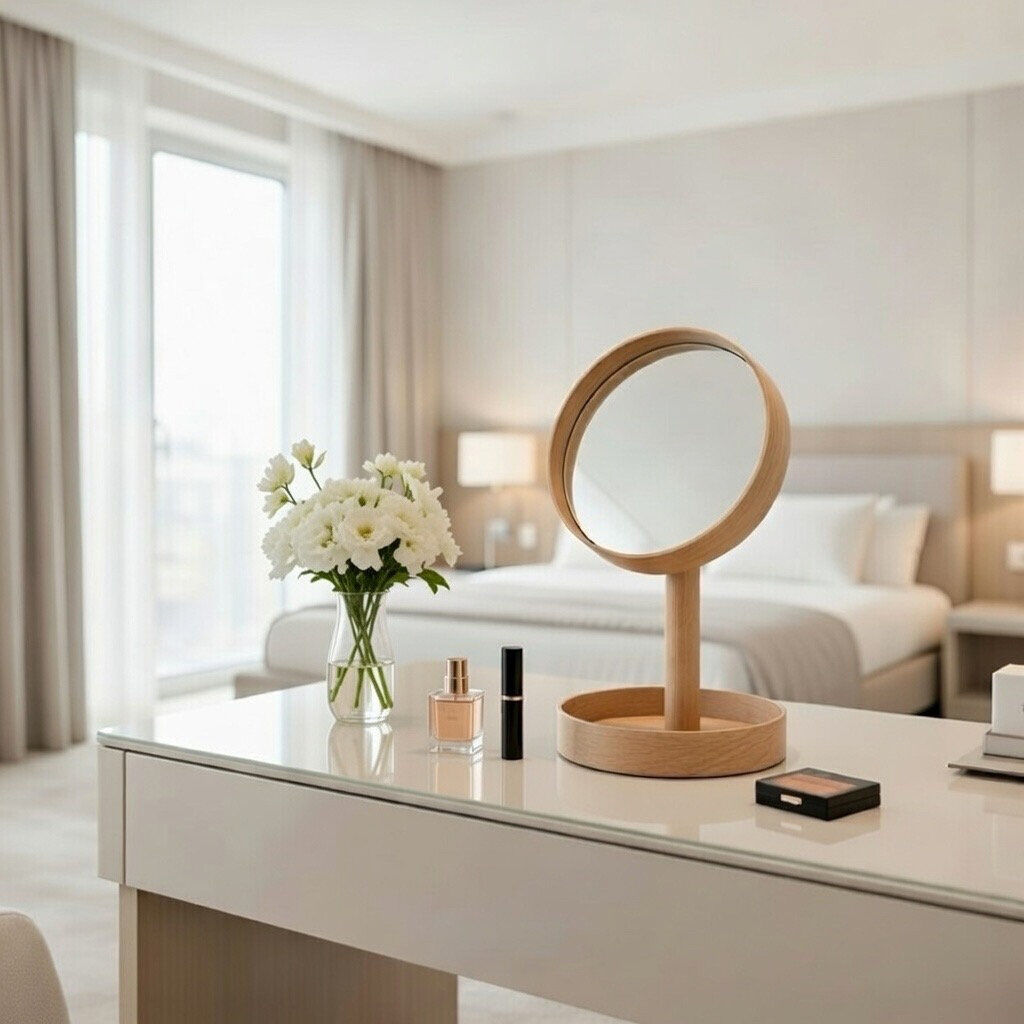 Norden Home Ayven Magnify Mirror Boutique Look Oak Wood 34cm H X 19cm W X 19cm D