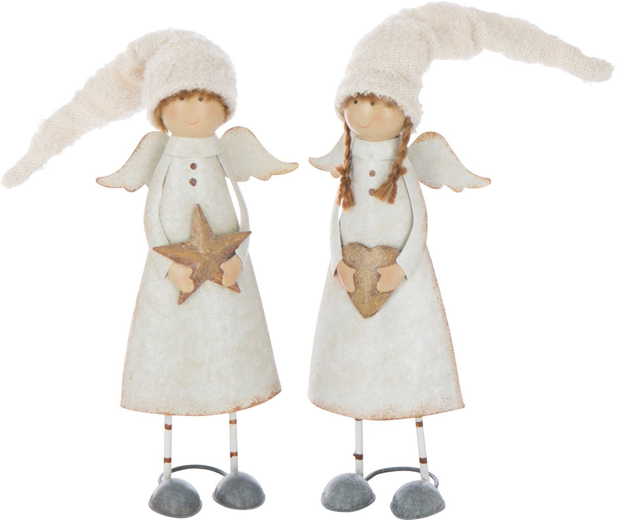 J-Line Decoratiebeeldjes Engel met Hart en Ster, Wit, Polyresin, Medium, 2 stuks