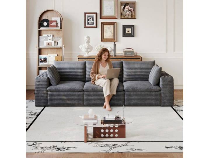 Canapé modulaire 3 places - Canapé Cloud Cord - Velours côtelé gris foncé - Assise déhoussable - 260x90x60 cm