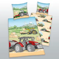 Herding Traktor Flanell-Bettwäsche Größe 80x80 + 135x200 cm