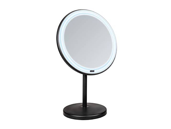 WENKO Miroir de maquillage à LED sur pied Onno\, éclairage LED variable\, grossissement 5x\, allumage/extinction tactile\, fonctionne sur piles ou par câble USB\, 20x34x13\,5 cm\, noir