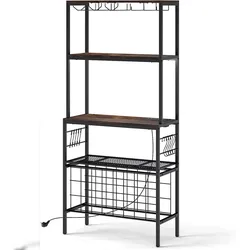 COSTWAY Küchenregal mit Steckdose, Standregal mit 24 Flaschenhaltern, Bäckerregal Weinregal mit 3 Einlegeböden, 8 Haken und Glashalter