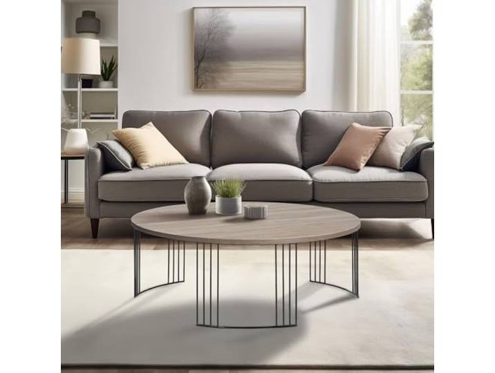 Wohnando Großer Couchtisch Rund 95cm - Wohnzimmertisch Eiche - Sofatisch Moderner Kaffeetisch mit Metallbeinen in Schwarz, Helle Holzmaserung, Einfacher Aufbau für Ihr Wohnzimmer Design