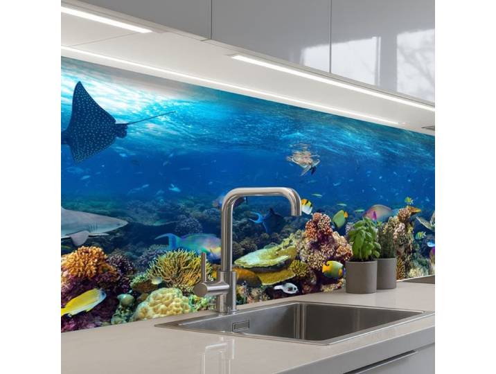 KitchenYeah crédence de cuisine Paysage Sous-marin Tortue et Poissons Bleu
