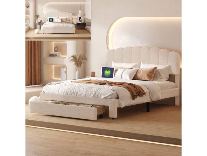 Lit 160x200 cm - USB - tissu en Velours - lit adulte 160x200 cm - 160x200 cm - Beige