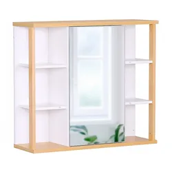 Relaxdays Spiegelschrank, 6 Ablagen, 2 Innenfächer, HxBxT: 64 x 62 x 21 cm, Wandmontage, Bad Hängeschrank, weiß/ natur