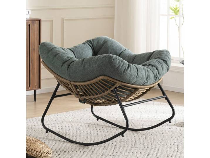Rocking-chair 1 Place avec Effet Bascule et Accoudoirs - ELVMI - Assise Rembourrée Structure Métal Chenille Verte
