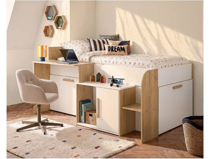 Combinatiebed 90 x 200 cm met bureau en opbergruimte - Kleur: Wit en natuurlijk + Lattenbodem - PEDRO