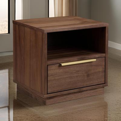 Benjara Tommy 18 Inch Nightstand, 1 Drawer with Handle, 1 Storage Cubby, Brown Gold