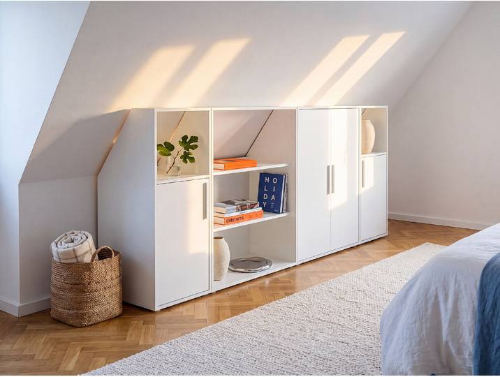 Schrank unter Dachschräge mit 4 Türen, 2 Regalböden & 2 Fächern - Weiß - ADEZIO