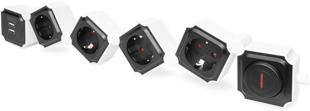 DIGITUS DA-70620 flexibele stekkerdoos met 4 stopcontacten, zwart/wit