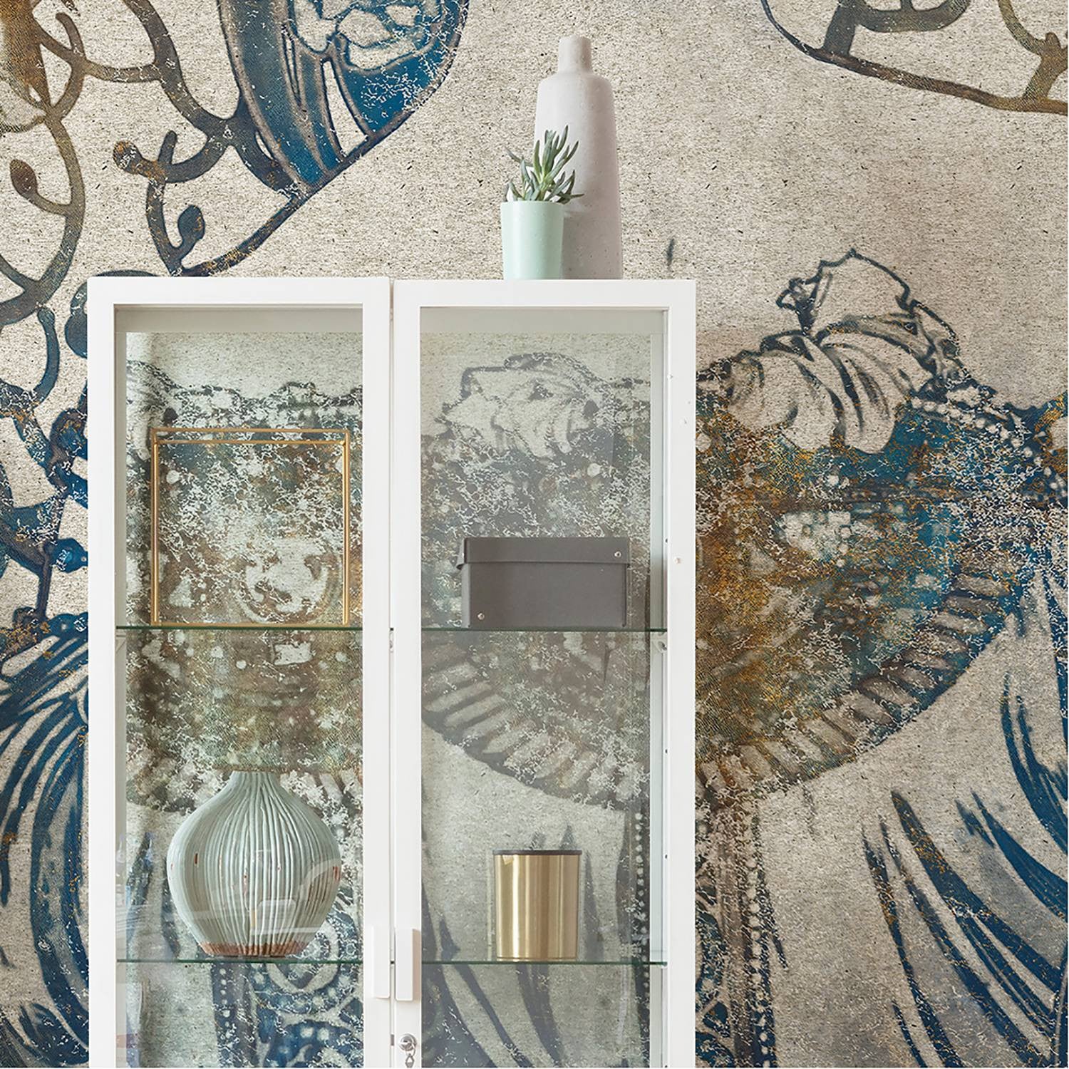 home24 Fotobehang Porcelaine Abstract Mural, Multicolour/Blauw, B: 300 cm, H: 280 cm