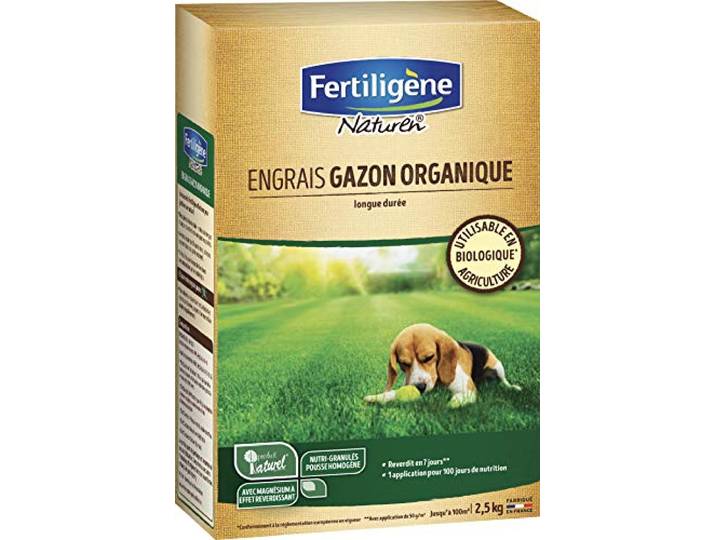 FERTILIGÈNE Naturen Engrais Gazon NPK 9-2-2 - Enrichi en magnésium - Action 100 jours - Pelouse dense et verte - 2\,5 kg\, Beige/Vert