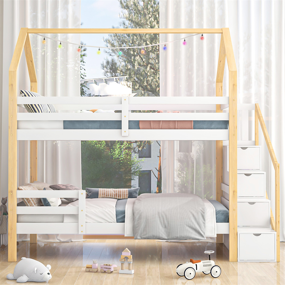 Etagenbett Ins und aus dem Bett kommen, Doppelbett,Kinderbett in Hausform, Leiterschrank,Kiefernholz Haus Bett for Kids